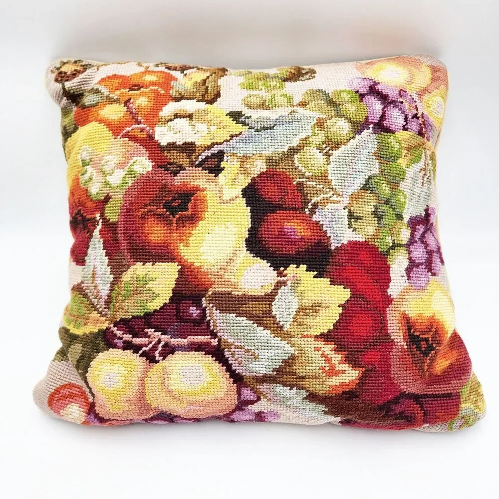 Vintage Needlepoint Throw Pillow Bright Fruit Handmade 15in Square Peach Grapes